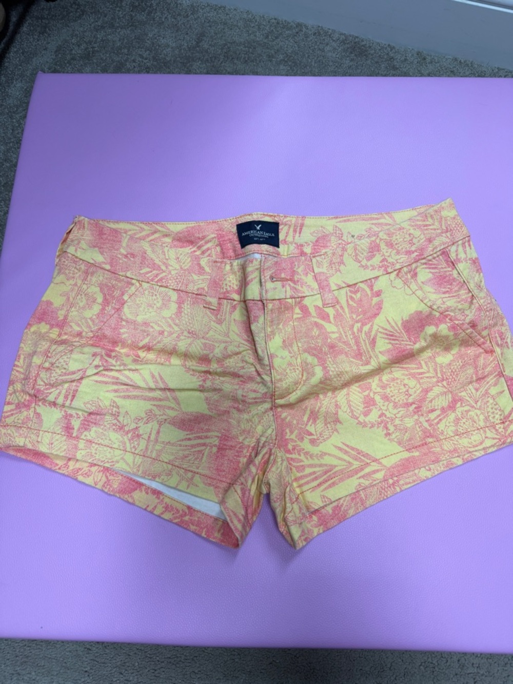 American Eagle Outfitters Yellow & Coral Floral Denim Shorts